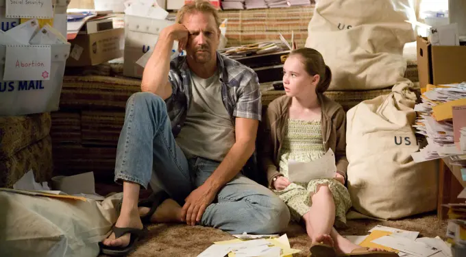 Man and young girl sitting on floor with many envelopes and mail