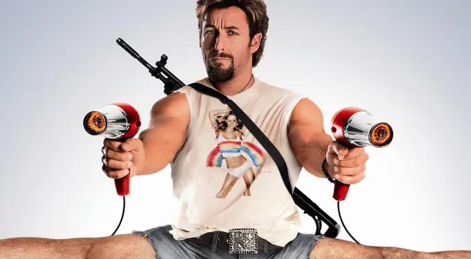 Adam Sandler holding two hair dryers in movie poster pose