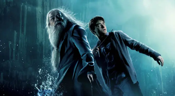 Dumbledore and Harry Potter brace for danger in a blue-lit cave