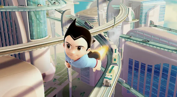 Astro Boy flying over Metro City in the 2009 animated film Astro Boy.