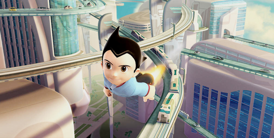 Astro Boy flying over Metro City in the 2009 animated film Astro Boy.