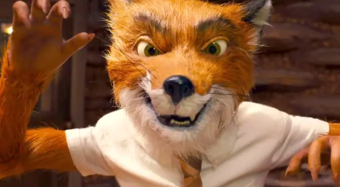 close-up of animated fox snarling with raised hands in shirt and tie