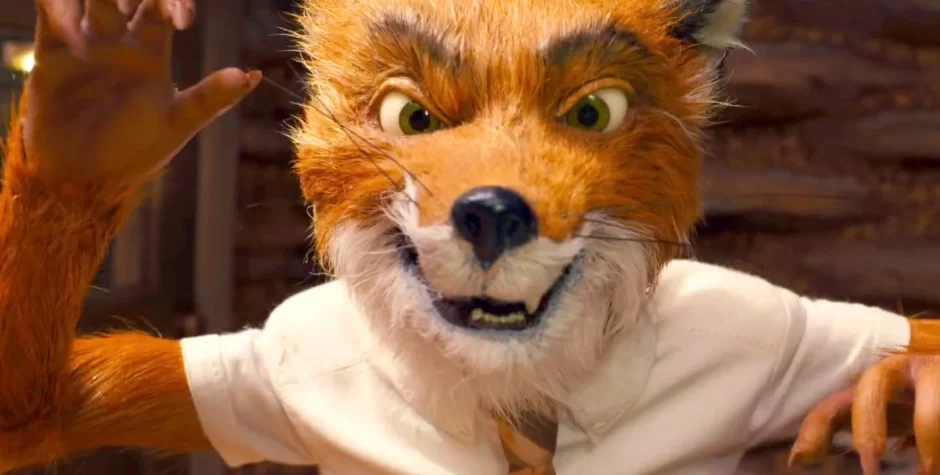 close-up of animated fox snarling with raised hands in shirt and tie