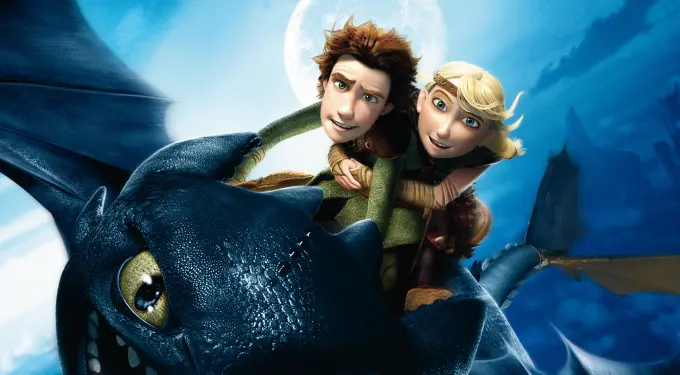 two animated characters flying on dragon with full moon behind