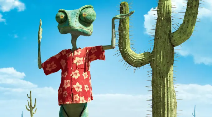 Animated chameleon Rango in red shirt next to cactus in desert