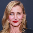 Headshot of Cameron Diaz with red lipstick and blonde hair