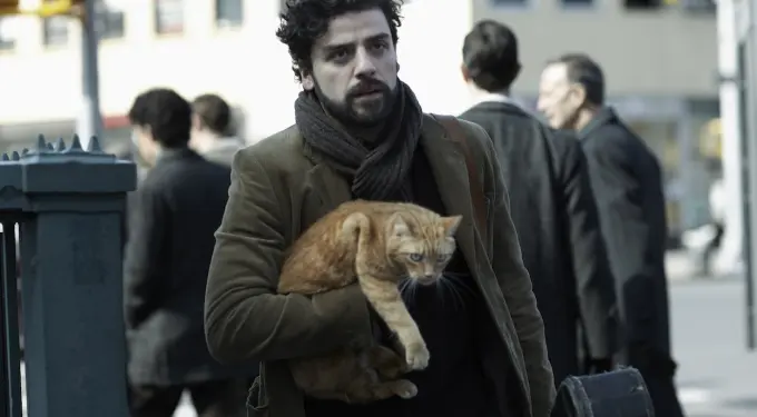 Oscar Isaac holding an orange cat in an outdoor urban scene
