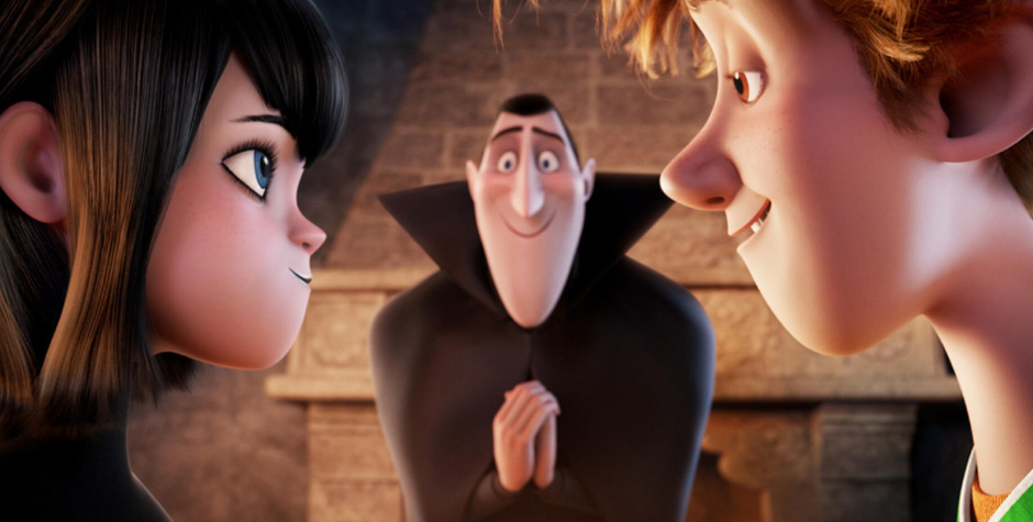 Mavis, Dracula and Jonathan in a scene from Hotel Transylvania