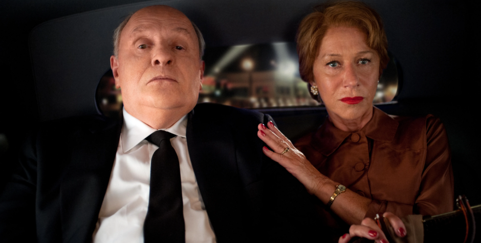 Anthony Hopkins and Helen Mirren sitting in a car, serious faces
