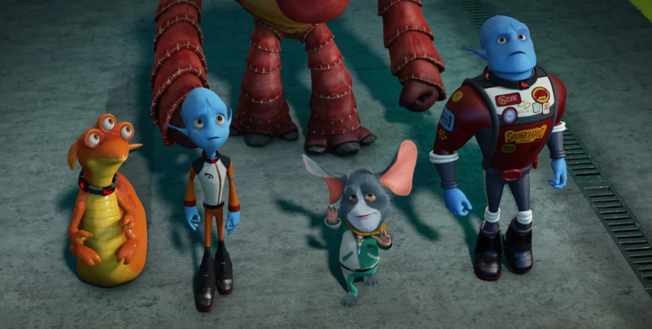 Five animated characters from Escape From Planet Earth looking upward