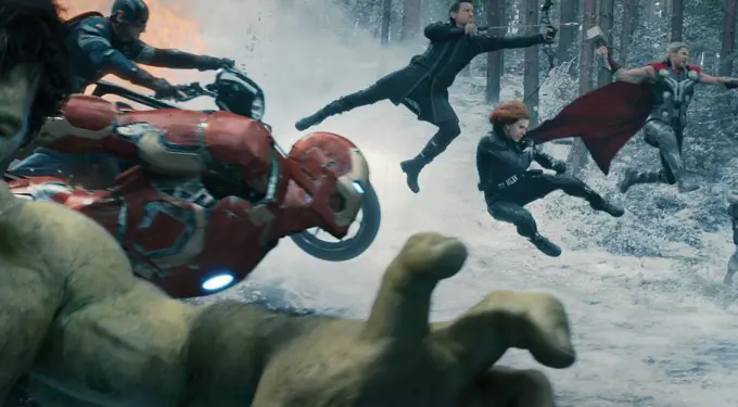 Avengers fight soldiers in snowy forest with Hulk and Iron Man