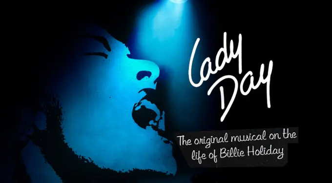 stylized Billie Holiday profile in blue with Lady Day musical title