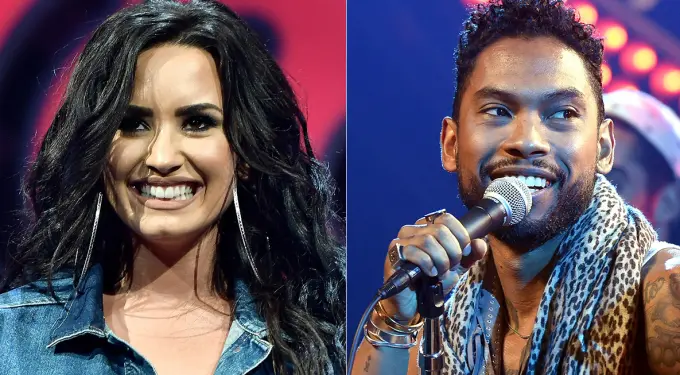 Demi Lovato smiling, Miguel singing with microphone on stage