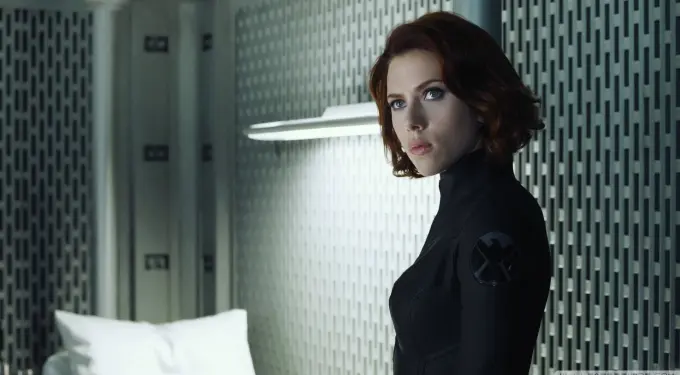 Scarlett Johansson as Black Widow in tactical suit inside modern room
