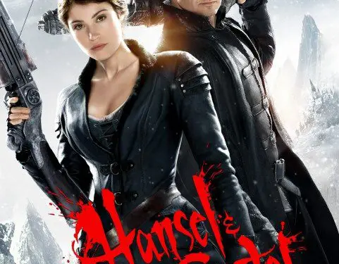 Hansel and Gretel standing back to back holding guns in snow