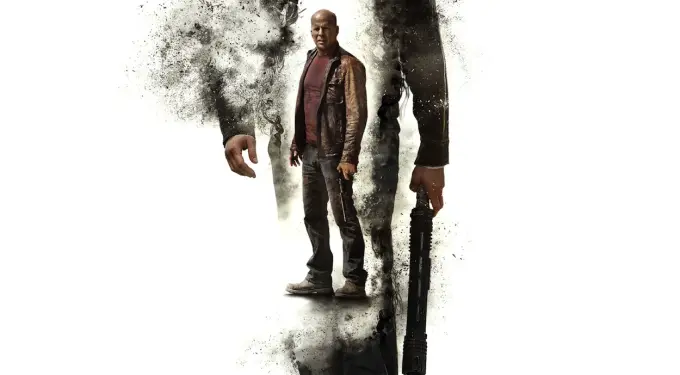 Looper movie poster with Joseph Gordon-Levitt and Bruce Willis faded silhouette