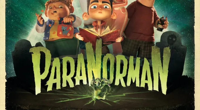 ParaNorman poster with animated kids and zombies rising from ground