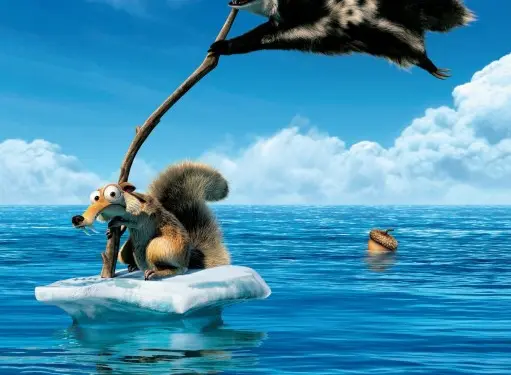 Ice Age 4 poster with Scrat on ice and airborne mammal holding branch