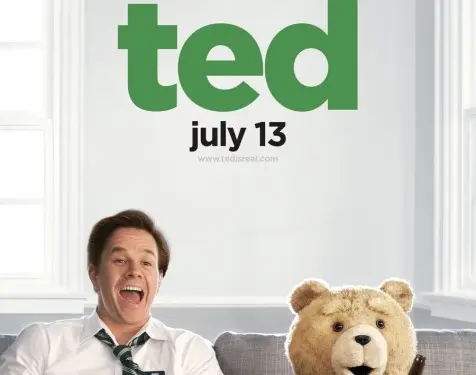 Mark Wahlberg and talking teddy bear sit on couch with beer