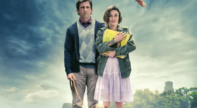 Steve Carell and Keira Knightley stand with dog and falling meteor