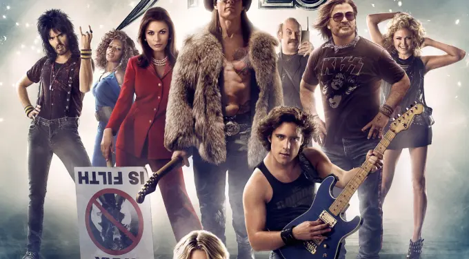 Rock of Ages movie poster featuring cast with guitar and protest sign