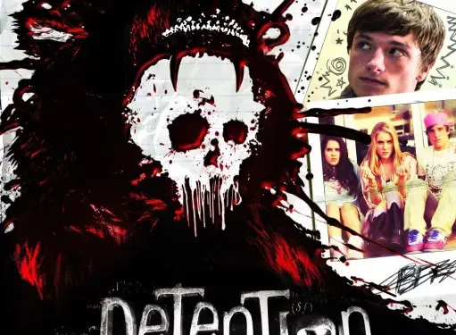 Detention movie poster with skull, blood splatter, and young cast photos