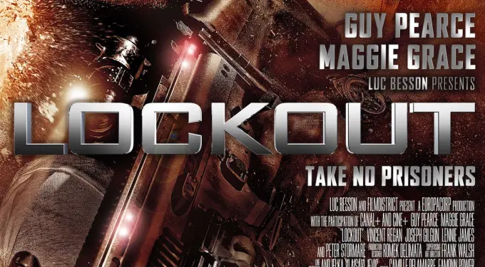 Lockout movie poster with Guy Pearce holding gun, Maggie Grace's face