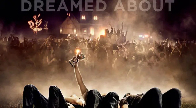 Project X poster with people lying down and dog tied to balloons