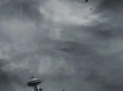Chronicle movie poster with figures falling over Seattle skyline