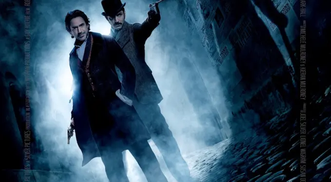 Sherlock Holmes movie poster with two men in 19th century outfits holding guns