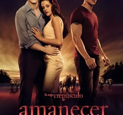 Breaking Dawn Part 1 poster with three characters and wolves behind