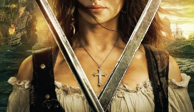 Movie poster shows woman with crossed swords, ships burning in background