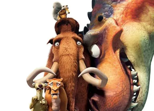 Ice Age characters and dinosaur in Dawn of the Dinosaurs movie poster