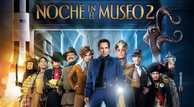 Movie poster for Night at the Museum 2 with characters and flying airplane