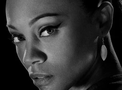 close black and white portrait of woman with earring in Star Trek poster