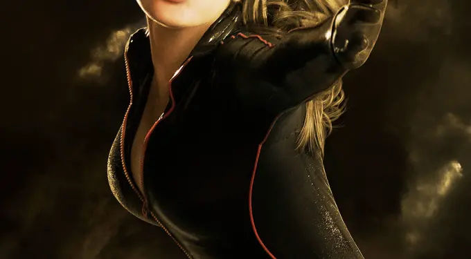 Eva Mendes as Sand Saref in black costume on The Spirit movie poster
