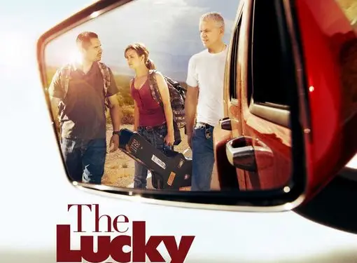 Movie poster showing three characters reflected in side mirror of red car