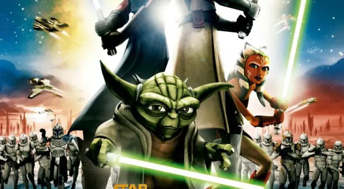 Star Wars: The Clone Wars poster with Yoda, Anakin, Obi-Wan, Ahsoka, and clone troopers