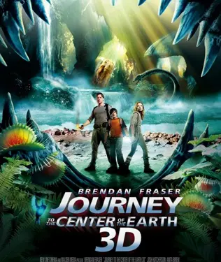 Journey to the Center of the Earth 3D movie poster with three characters in monster's mouth