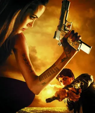 woman and man aiming pistols in dramatic Wanted movie poster