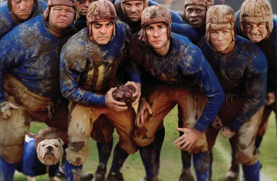 Leatherheads movie poster with muddy football players posing and bulldog