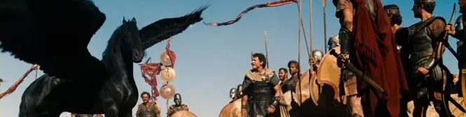 soldiers confront black Pegasus amid desert battle scene in Wrath of the Titans