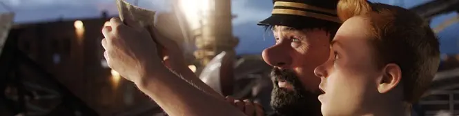 Animated scene of Tintin and Captain Haddock examining paper on ship