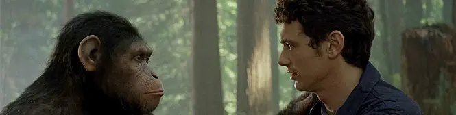 Man facing chimpanzee in forest in Rise of the Planet of the Apes