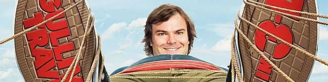 Jack Black smiling in Gulliver's Travels poster with ropes and text