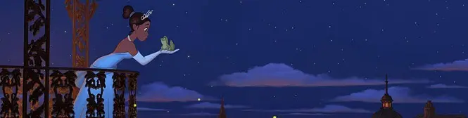 Tiana holds frog on balcony under night sky in animated scene