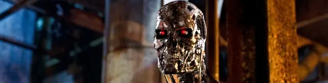 Robotic terminator endoskeleton with red eyes in dark industrial background