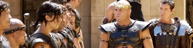 group of armored warriors face each other in ancient setting