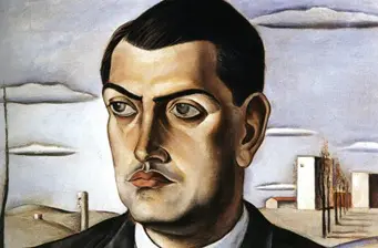 Illustrated headshot of filmmaker Luis Buñuel with abstract background