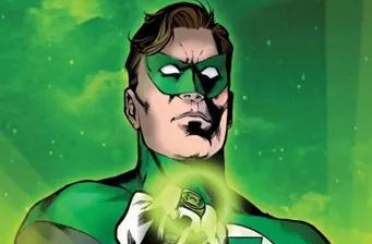 Green Lantern in green mask holding glowing power ring in comic art